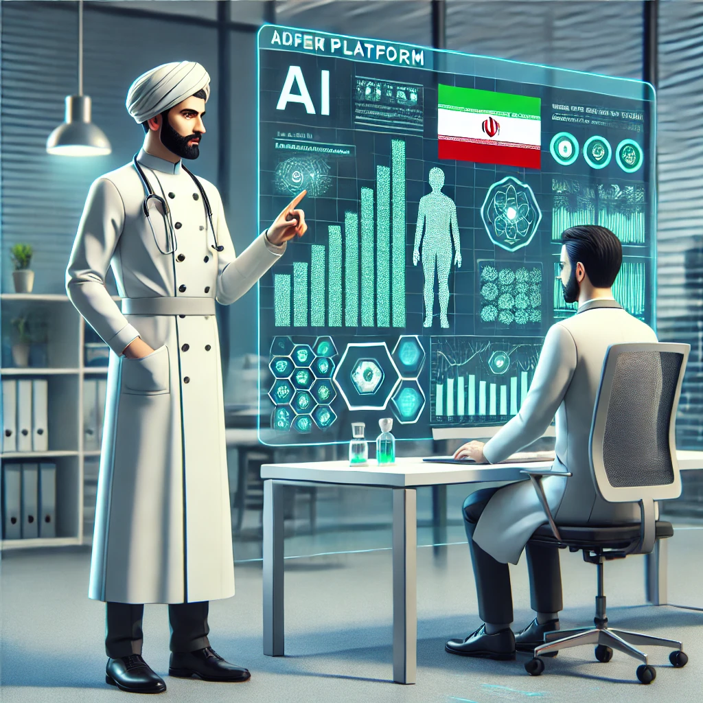animated doctor character using AI platform to compare different lab results, data charts, green and blue highlights, tech illustration, text-free