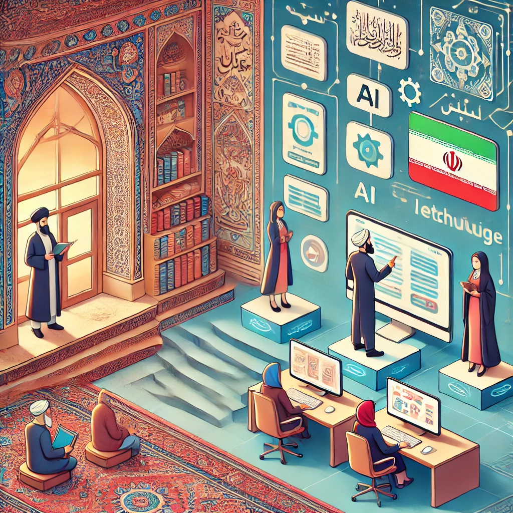 abstract illustration showing traditional language classes on one side and an AI-powered platform (symbolic ChatGPT)