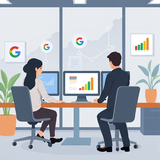 SEO concept cartoon illustration, AI-designed brand logos on web pages, Google ranking icons, growth arrows, Iranian tech symbols, minimalist, text-free