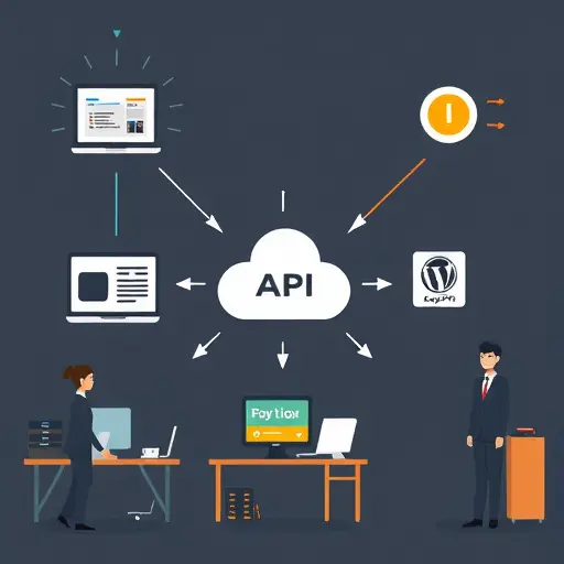 API integration diagram illustration: website, WordPress plugin, Python app connecting to GapGPT cloud, arrows and nodes, dark theme #171717 with #94d3a2