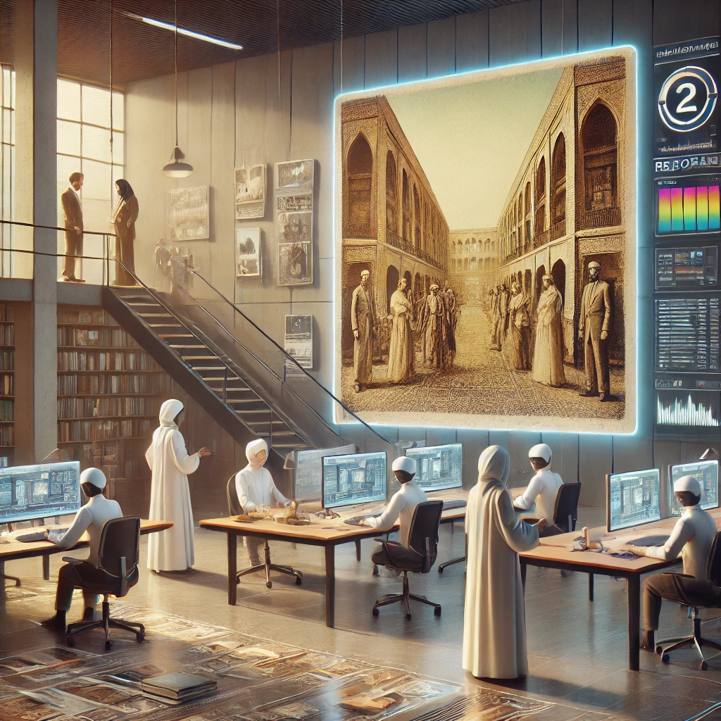animated illustration showing restoration of an old, faded photo with AI, before-and-