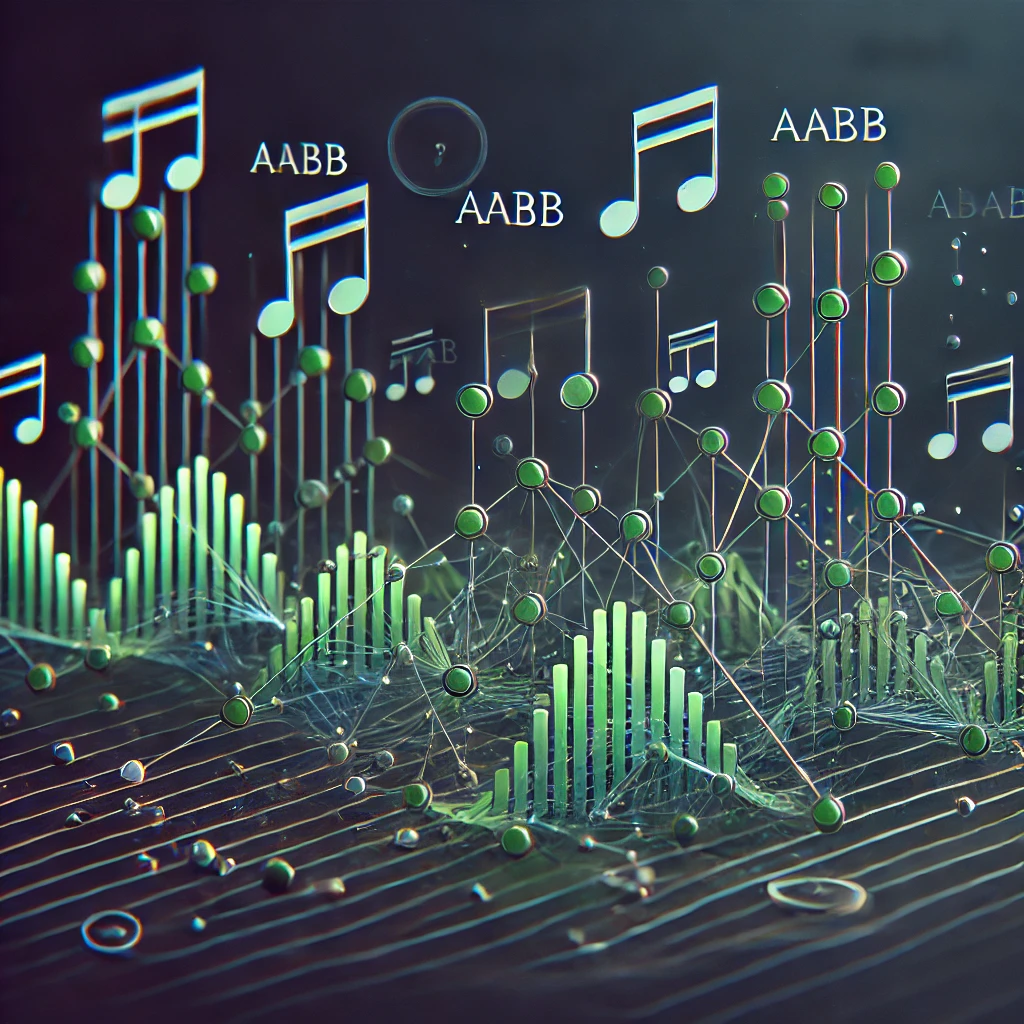 abstract illustration of rhyme patterns AABB and ABAB represented by connected nodes, metrical beats as dots, dark background with green accent, clean, text-free