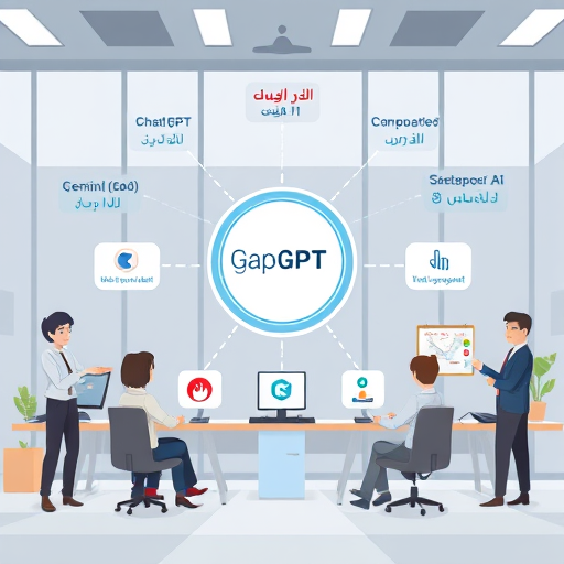 animated infographic showing GapGPT platform in the center, API endpoints branching out to popular AI models (ChatGPT, Claude, Gemini)
