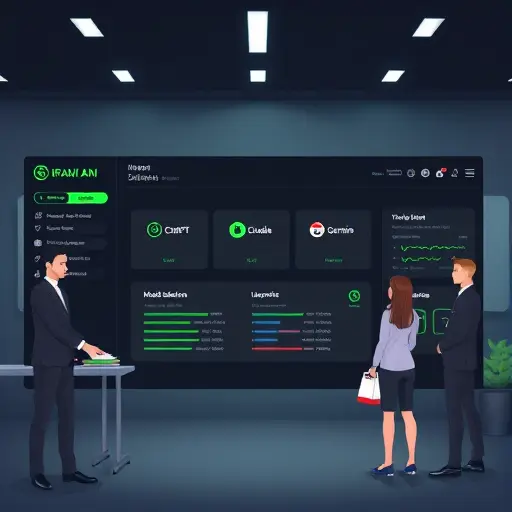 animated illustration of an Iranian AI platform dashboard, dark theme UI with green accent, showcasing model selection tabs (ChatGPT, Claude, Gemini)