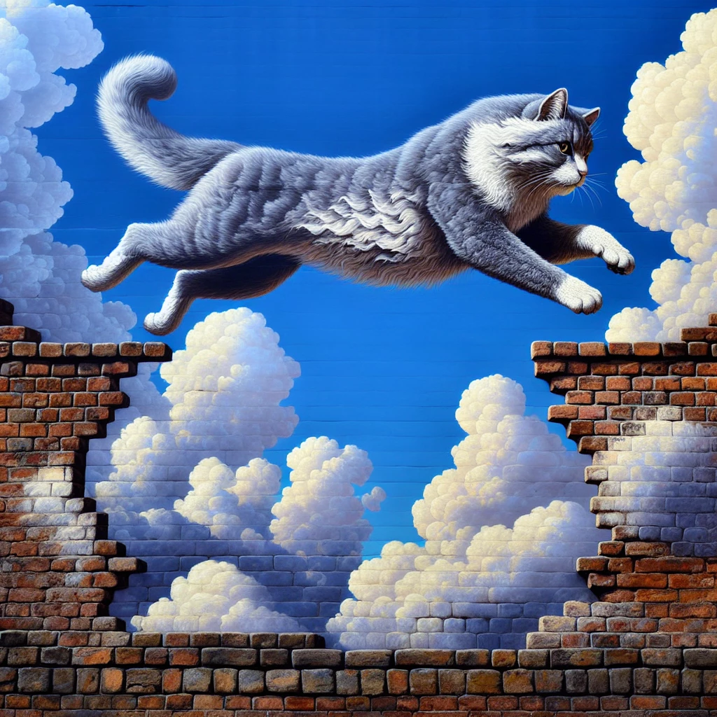 a cat jumping over a wall with a blue sky and white clouds in the background