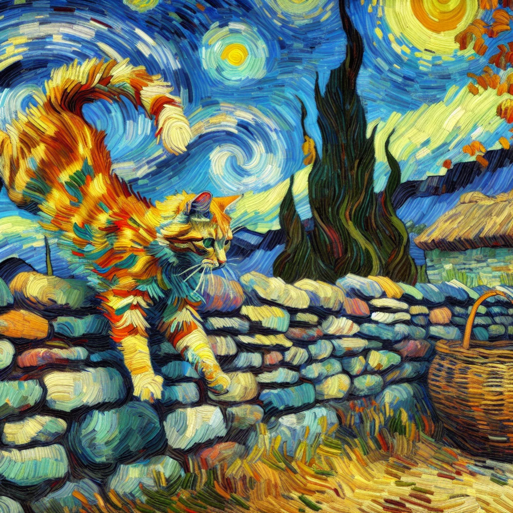 a painting of a cat jumping over a wall, in the style of Van Gogh, with vibrant colors