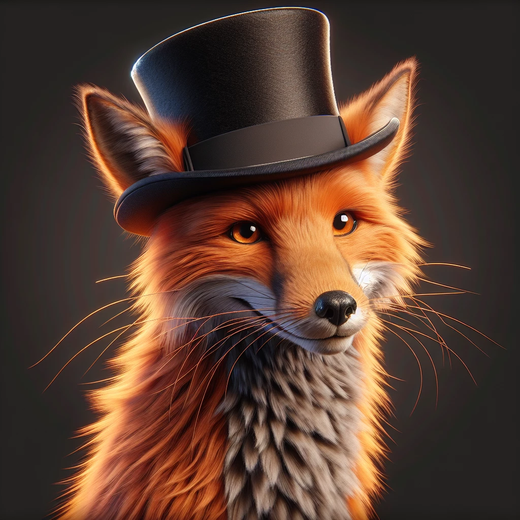 Pixar style 3D render of a fox wearing a tophat, 4k, high resolution, trending in artstation