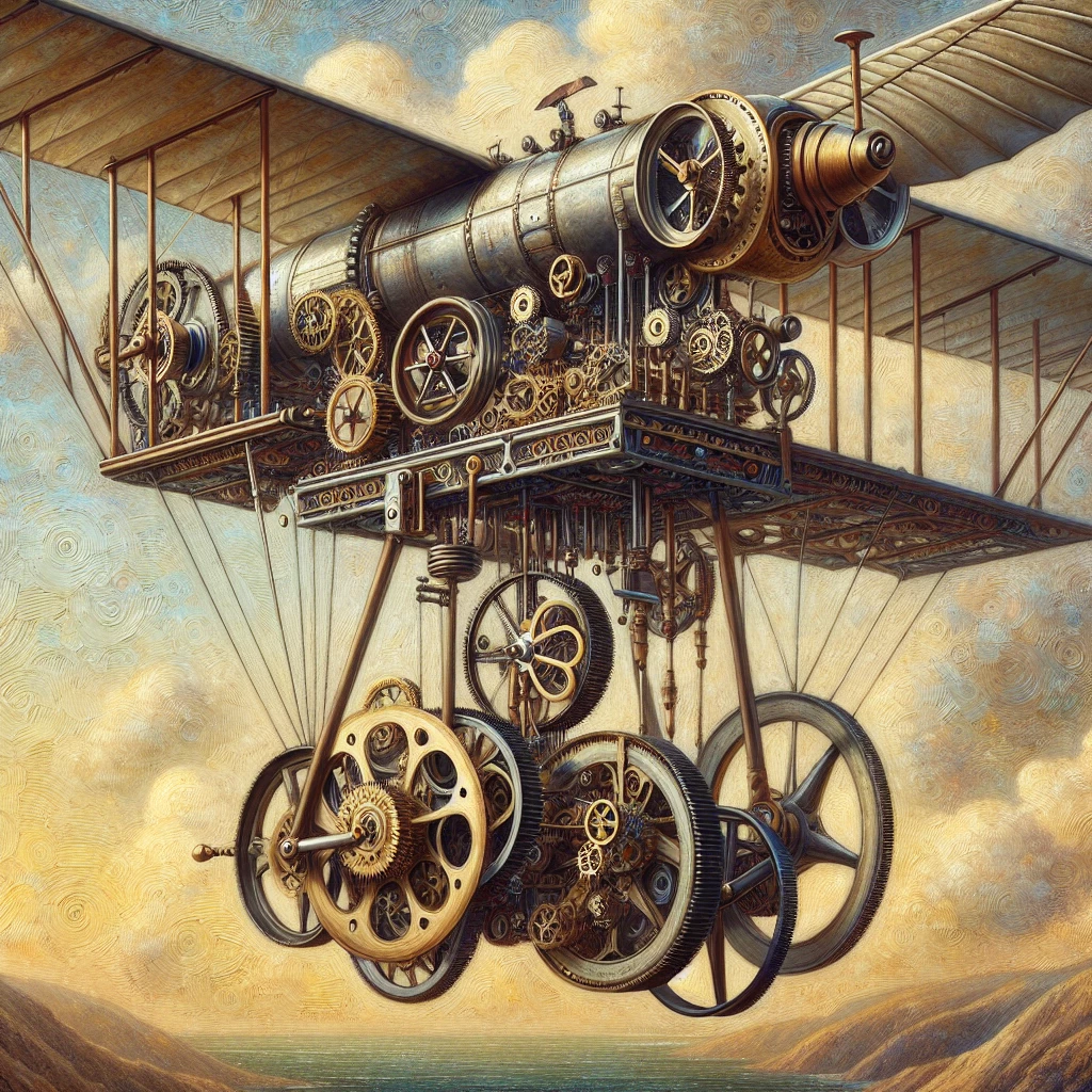 An oil painting of a mechanical clockwork flying machine from the renaissance, Gorgeous digital painting, amazing art, artstation 3, realistic