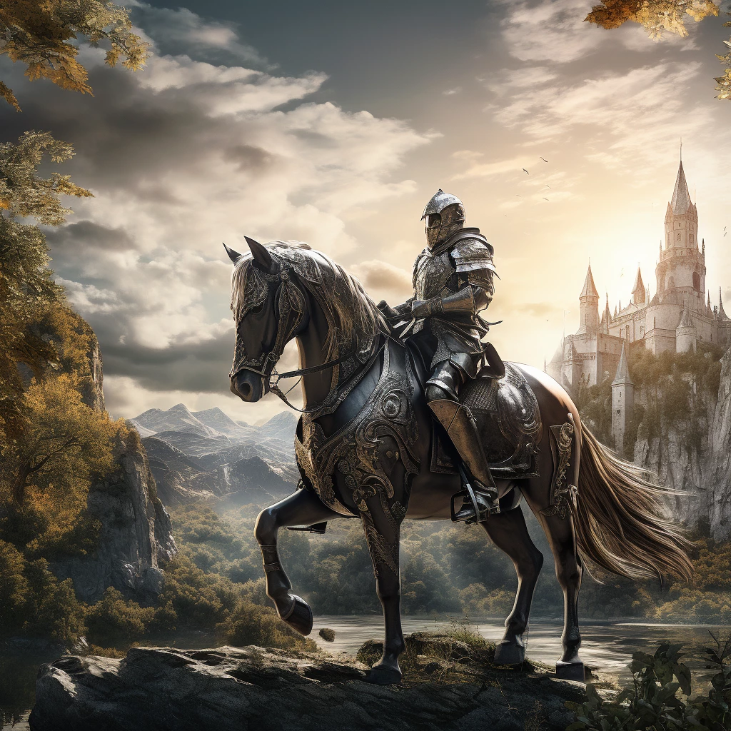 A knight on a horse in a fantasy landscape, highly detailed, 4k, photorealistic