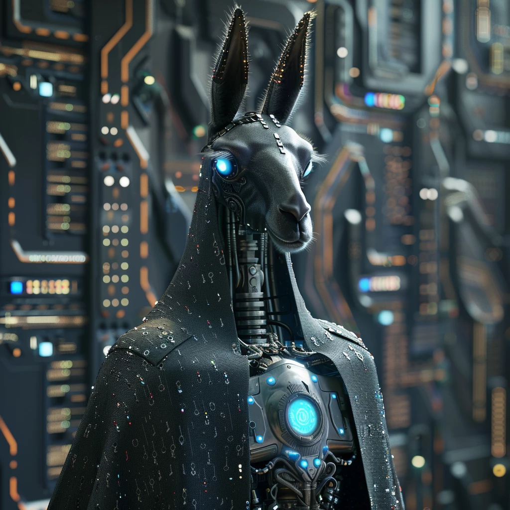 Realistic 3D render of a Meta Llama 3 language model: standing upright, arms out embracing, binary code cloak, robot head with glowing blue eyes, metallic body, AI circuit board background, highly detailed.