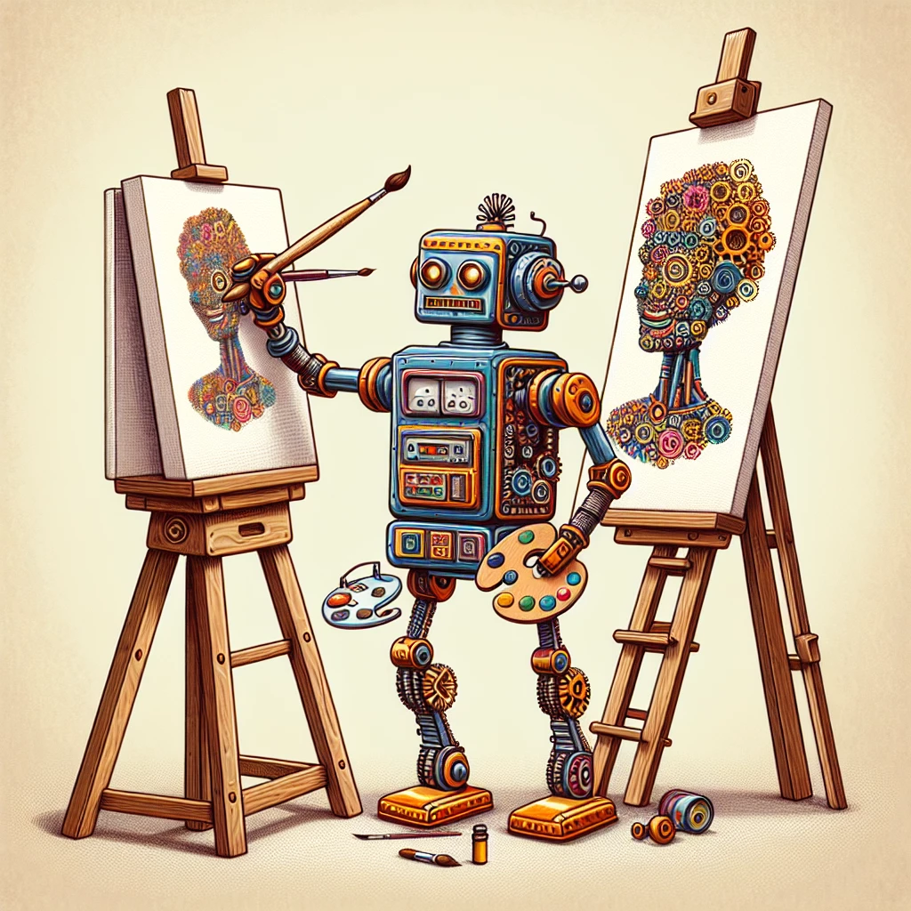 a colorful and whimsical illustration of a robot artist painting a portrait