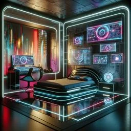 abstract cyberpunk bedroom generated by DALL-E 3