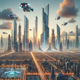 a futuristic city skyline with flying cars