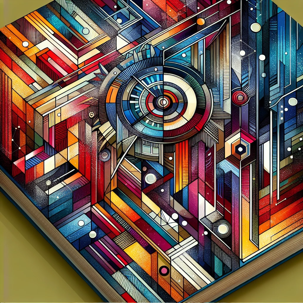 a vibrant and dynamic illustration of a book cover with futuristic geometric shapes and patterns