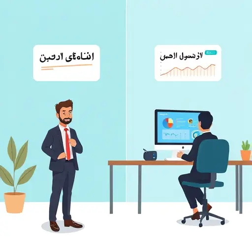 comparison illustration of traditional hand-written ad copy (paper, pencil, slow) vs AI-powered copywriting (fast computer, digital dashboards), cartoon style, no text