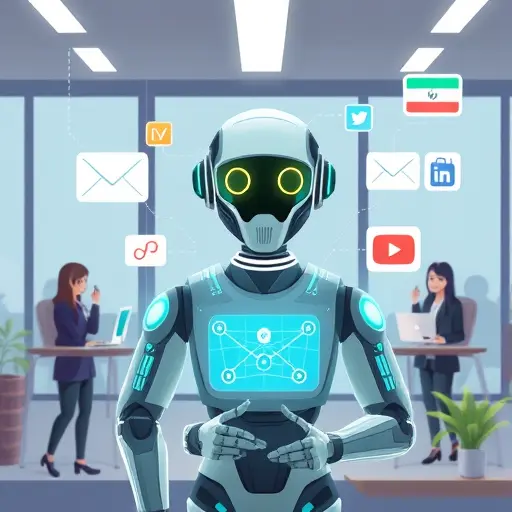 futuristic animated illustration of an AI agent orchestrating multiple advertising channels — social media, email, banners —