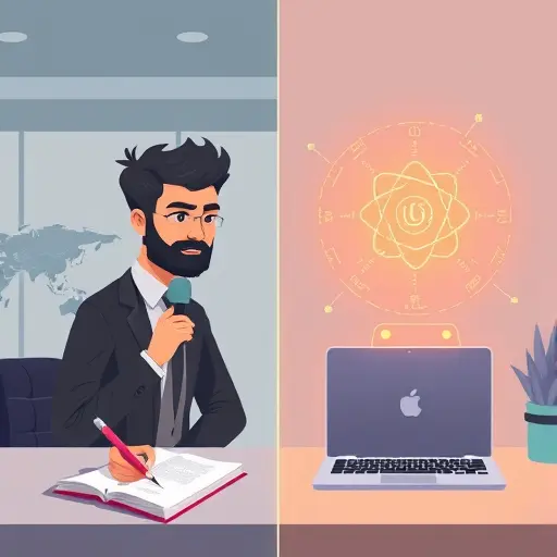 illustration comparing classic ad copywriting methods (notebook, pen) vs AI tools (laptop, glowing AI interface)