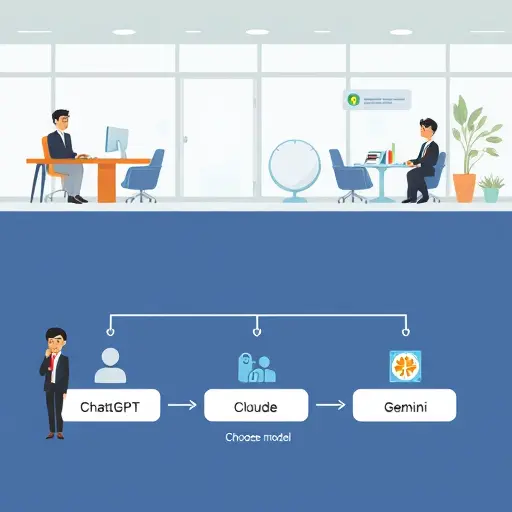 animated flowchart showing steps to select AI model for ads: campaign goal, audience, choose model, compare, icons for ChatGPT, Claude, Gemini, digital interface, text-free