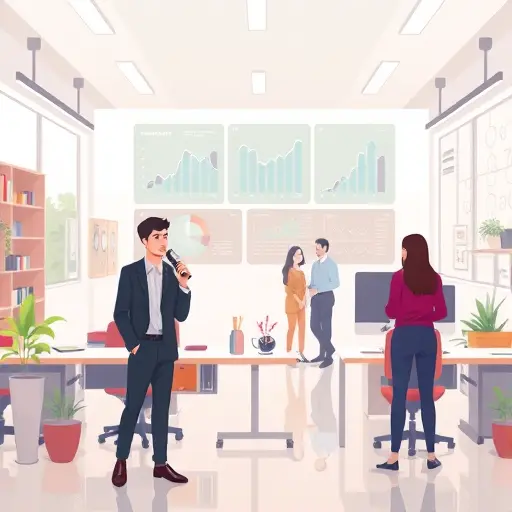 future concept art of AI agents transforming the workplace, energetic animated office, workers and AI agents collaborating, digital dashboard and data visualization, no text