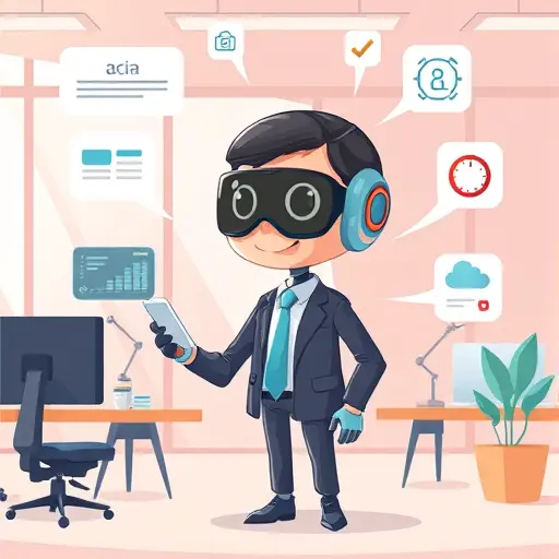 modern cartoon illustration of an AI agent with chat bubbles, file symbols, and automation icons, representing smart multitasking and language understanding, futuristic but simple, text-free