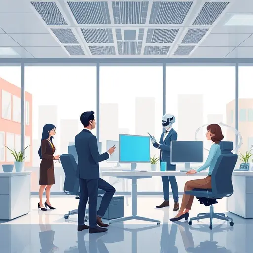 animated scene of an Iranian office with digital AI agents (cartoon style)