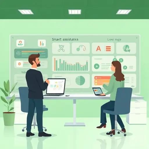 illustrative AI agent dashboard, showing task automation icons, chat windows, and smart assistant symbols, no text, animated style, theme colors of green and dark