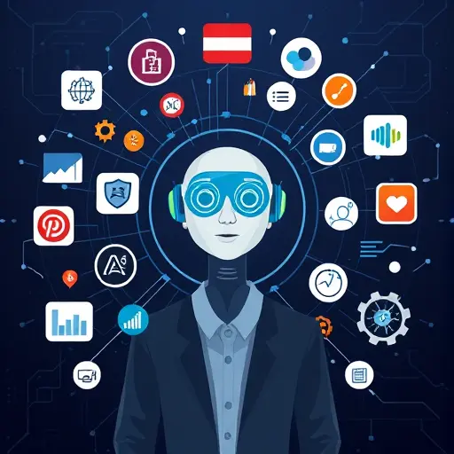 modern animated illustration of a digital AI agent surrounded by various icons: calendar, analytics, chat, automation gears, seamless blend into a dark tech background, no text