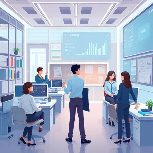 future concept art of AI agents transforming the workplace, energetic animated office, workers and AI agents collaborating, digital dashboard and data visualization, no text