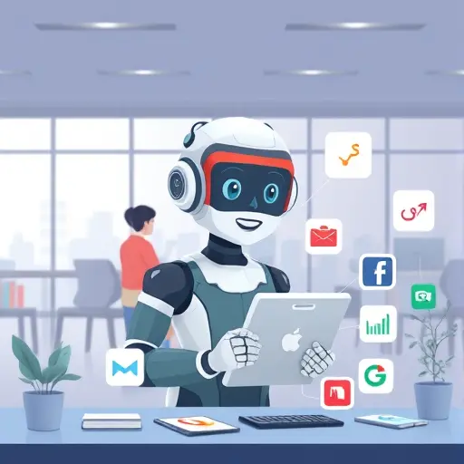 cartoon illustration of an animated AI agent working with various app icons (email, calendar, analytics, messaging)