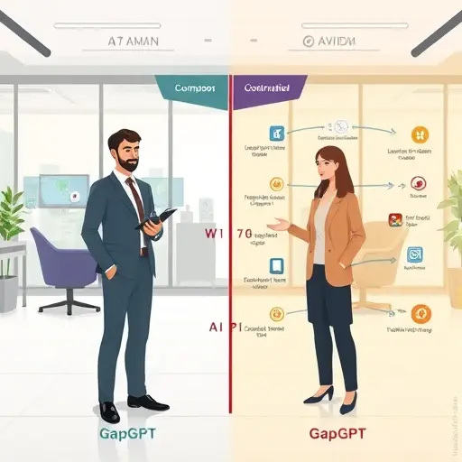 comparison infographic illustration, showing GapGPT () versus global AI platforms, no sanctions barrier on GapGPT side, text-free, modern style