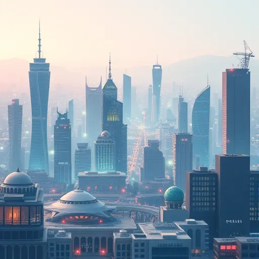 abstract digital city skyline animated, showing AI agents as glowing nodes connecting different business, education, and daily life areas, symbolizing the future of technology in Iran, text-free