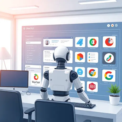 animated illustration of a project manager dashboard where an AI agent (robotic assistant figure) is organizing digital task cards across multiple software logos (like Slack, Trello, Jira)