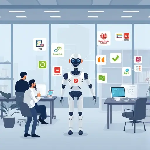 tech-animated workflow illustration of AI chatbot agent connecting various project management apps (like Jira, Slack, Trello)