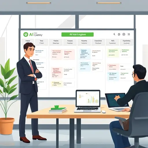 animated kanban board with AI chatbot assistant, Iranian office details, showing smart assignment of project tasks, green accent colors, text-free
