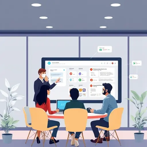 animated scene of a team discussing around a digital board while an AI assistant (ChatGPT) organizes tasks, showing chat bubbles and smart icons, text-
