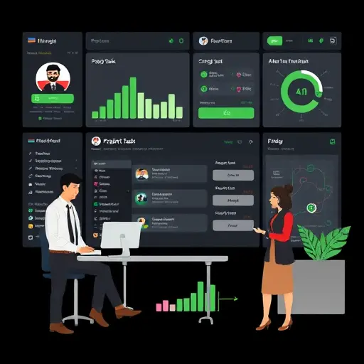modern animated dashboard with project task configuration via AI, dynamic workflow nodes, green and white on black, icons for customization, text-free, tech UI