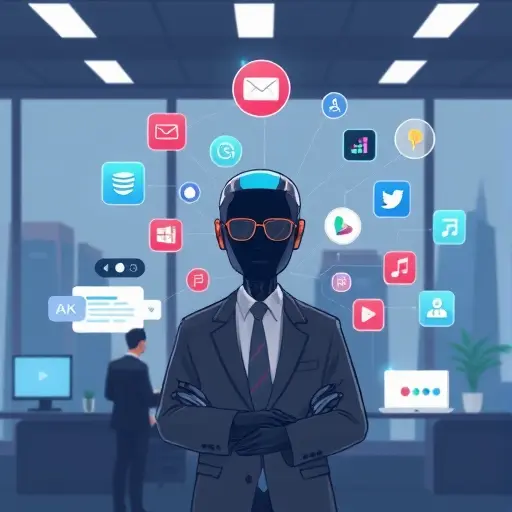 abstract animated integration of AI project manager with multiple productivity apps, connectors, dark-