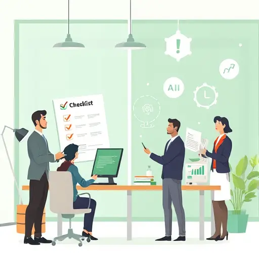 illustration showing a checklist, papers, and AI icons, animated cartoon style, productivity and science concept, green accent, simple background, no text