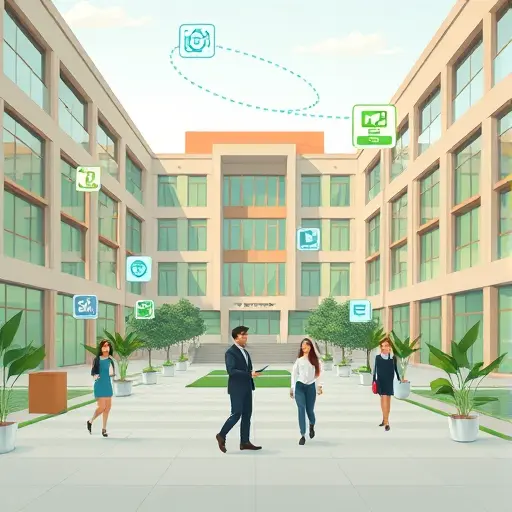 university campus with animated AI symbols, digital research proposal icons floating around, science and technology theme, clean style, green accent, no text