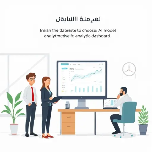 step-by-step cartoon of Iranian user uploading dataset, choosing AI model, and getting interactive analytics dashboard, friendly UI, text-free