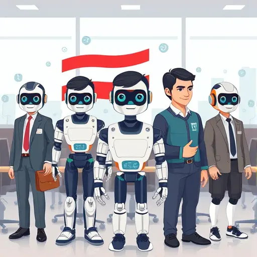 cartoon style illustration of multiple AI models (robots, chips, algorithm icons)