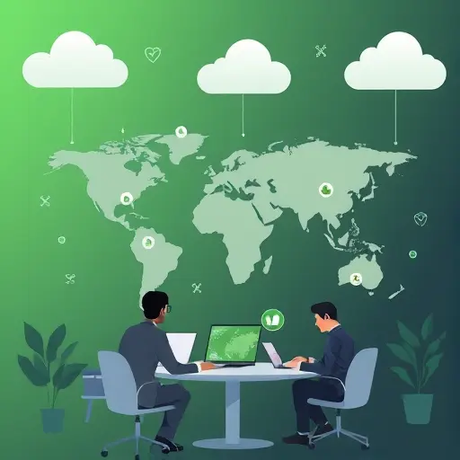 abstract illustration showing connected Iranian users collaborating with international AI data platforms, green and dark backgrounds, cloud technology, no text