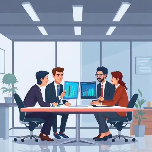cartoon-style teamwork in an office, accountants and financial analysts using AI-