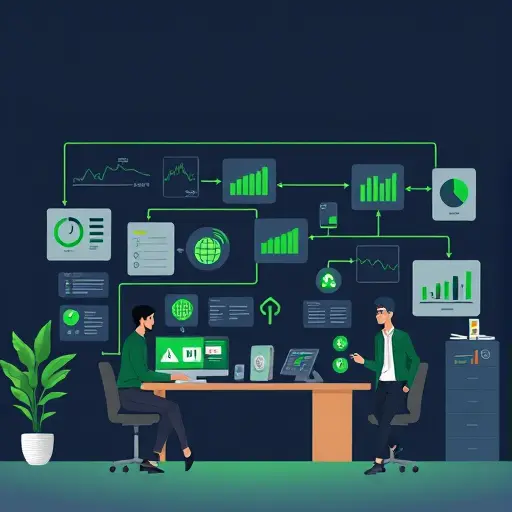 modern animated illustration of financial reporting workflow, with charts, graphs, data points and AI symbols, bright accent green, dark background, no text