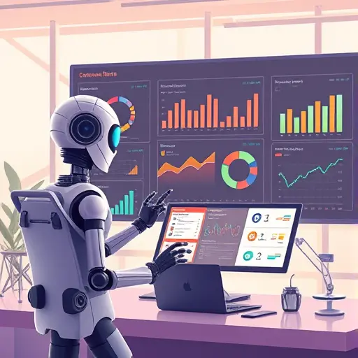 modern animated dashboard, AI bot analyzing financial sheets and producing customized business reports, digital interface, futuristic feel, no text