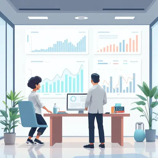 animated illustration of financial report analysis, digital dashboard, futuristic charts, AI-powered analytics concept, cartoon style, text-