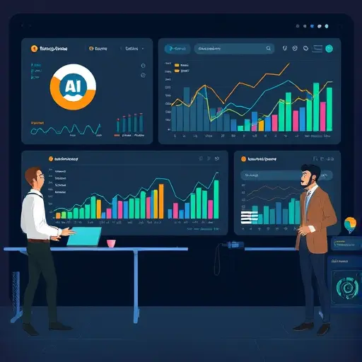 Futuristic cartoon dashboard showing animated AI analyzing sales and demand graphs, deep learning neural network motifs, dark background, no text