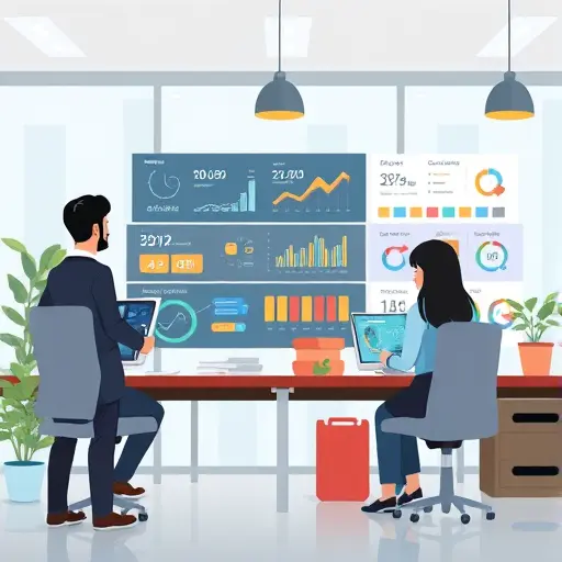 illustration of an online store using AI chatbots and animated dashboards to optimize pricing, cartoon e-