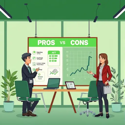 cartoon style illustration showing pros and cons board with AI, pricing tags, and upward trend, green and dark color palette, no text