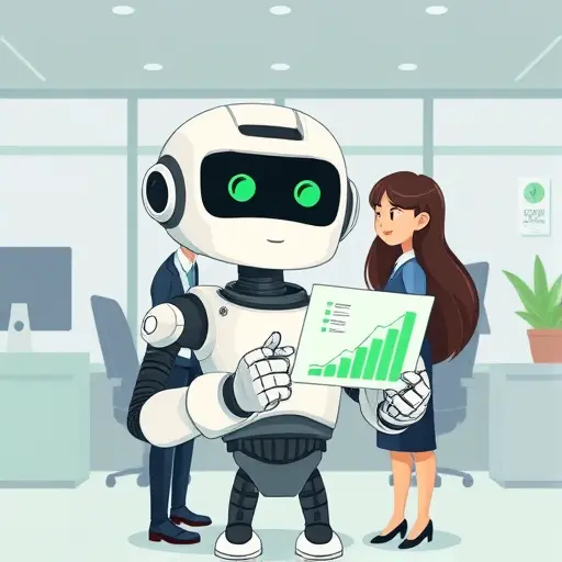 illustrated AI robot comparing graphs and pricing between competitors, cartoon style, green colors, Iranian digital elements, no text